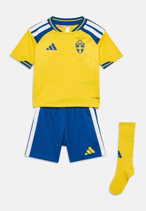 Yellow and blue Sweden national football youth kit with shirt, shorts, and single yellow sock featuring Adidas logos.