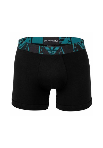 Zwarte boxershorts gemaakt van zachte katoen, met een brede teal tailleband met het logo en embleem van "Emporio Armani", en een functionele voorkant.