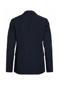 Blazer bleu marine à fines rayures verticales blanches, manches longues et col classique vu de dos.