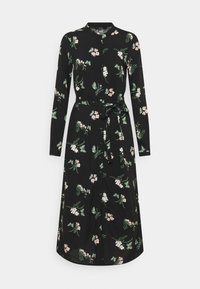 Zwarte jurk met lange mouwen, bloemenpatroon in roze en groen, knoopsluiting en een bijpassende riem die de taille accentueert. Gemaakt van zachte stof.