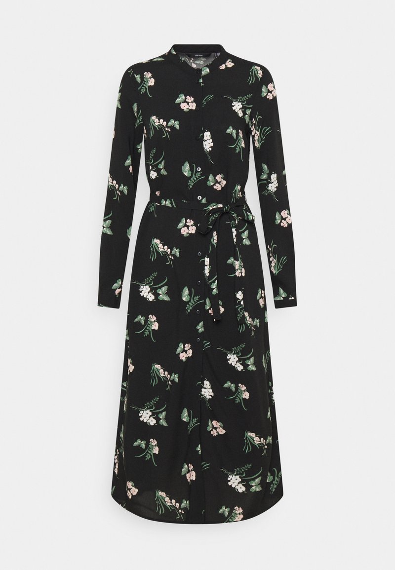Zwarte jurk met lange mouwen, bloemenpatroon in roze en groen, knoopsluiting en een bijpassende riem die de taille accentueert. Gemaakt van zachte stof.