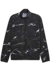 Veste noire avec un motif abstrait blanc et une fermeture éclair à l'avant, comportant un logo Puma sur la poitrine. Conçue pour un usage actif ou décontracté.