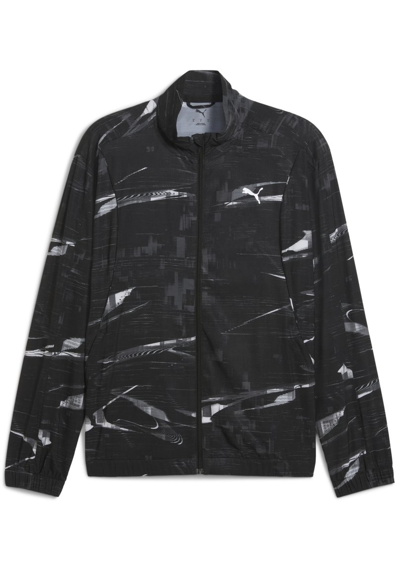 Veste noire avec un motif abstrait blanc et une fermeture éclair à l'avant, comportant un logo Puma sur la poitrine. Conçue pour un usage actif ou décontracté.
