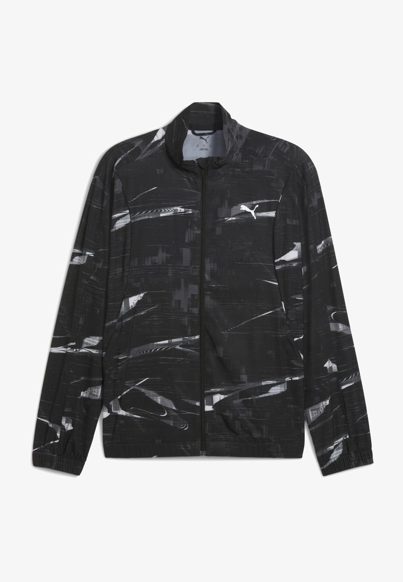 Black jacket with a white abstract pattern and a zip front, featuring a Puma logo on the chest. Designed for active wear or casual use.