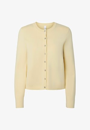 Lichtgele cardigan met lange mouwen, knopen aan de voorkant, een ronde halslijn en geribbelde boorden aan mouwen en zoom.