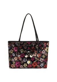 Sort tekstureret shopper-taske pyntet med farverige palietblomster og legende hardware-detaljer, med to solide sorte håndtag.