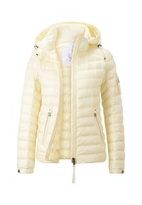 Yellow puffer jacket with a zippered front, hood, and side pockets. Made of smooth material with quilted texture and adjustable drawstrings.