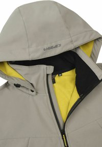 Veste imperméable gris clair avec une doublure en polaire jaune, des accents noirs, une capuche réglable et une fermeture éclair à l'avant. Logo sur la capuche.
