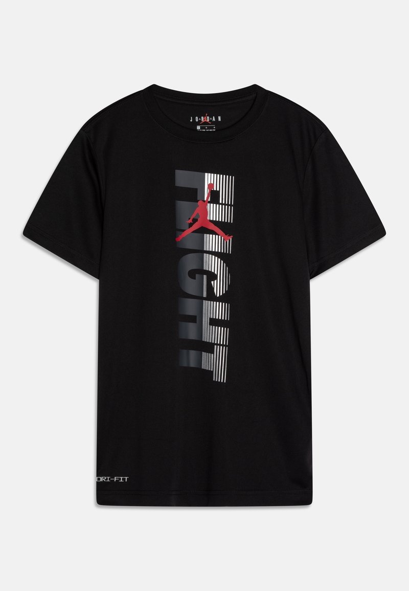 Black short-sleeve t-shirt, featuring a large graphic print of the word "FLIGHT" in white and grey with a red Jumpman logo. DRI-FIT branding at the bottom.