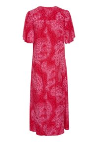 Červené šaty s krátkými volnými rukávy, zdobené bílým paisley vzorem. Materiál vypadá lehký a splývavý, s délku po kolena.