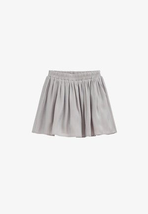 Jupe plissée gris clair avec taille élastique, évasée et longueur genou, présentée sur fond blanc.