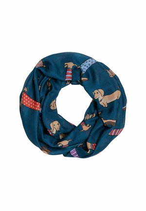 Teal infinity scarf featuring patterned dachshunds in various colorful sweaters. Lightweight, fabric texture, circular design for easy wear.