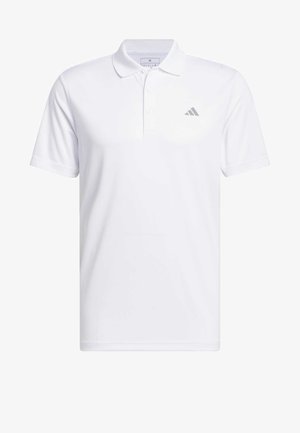 Weißes Poloshirt aus weichem Stoff, mit einem Kragen mit drei Knöpfen und einem dezenten grauen Logo auf der linken Brust. Kurzarm, klassische Passform.