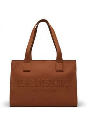Sac cabas en cuir marron avec double poignée et texte gaufré "LOVE MOSCHINO" et "Made with love" sur le devant.