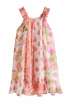Ärmelloses Mädchenkleid mit gerafften Trägern und Saum, versehen mit vertikalen Blumenmustern in Rosa-, Korallen-, Grün- und Beigetönen.