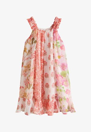 Ärmelloses Mädchenkleid mit gerafften Trägern und Saum, versehen mit vertikalen Blumenmustern in Rosa-, Korallen-, Grün- und Beigetönen.