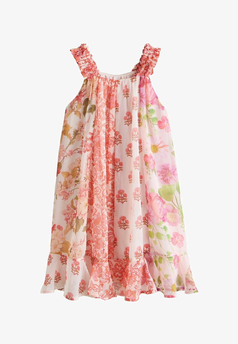 Robe sans manches pour fille avec bretelles et ourlet à volants, présentant des motifs floraux verticaux dans des tons de rose, corail, vert et beige.