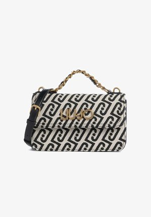 Borsa a mano fantasia bianco e nero con manico a catena dorata, tracolla nera regolabile e logo dorato "LIU JO" sulla patta frontale.