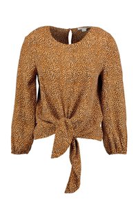 Braune gemusterte Bluse mit langen Ärmeln, rundem Ausschnitt und einem vorderen Bindedetail an der Taille. Verfügt über einen Ausschnitt auf der Rückseite.