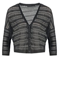 Cárdigan corto negro con un patrón de tejido abierto, escote en V, mangas cortas y seis botones negros en la parte delantera. Tela de punto texturizada.