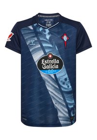 Navy blue football jersey featuring a diagonal stripe pattern, Estrella Galicia logo, and embroidered crest on the chest. Made of breathable fabric.
