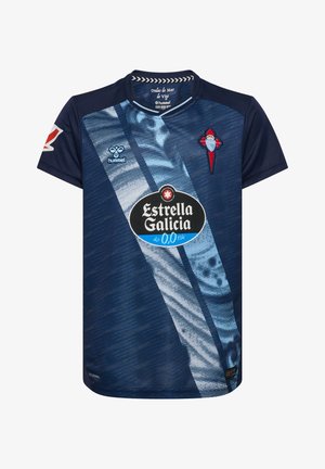 Navy blue football jersey featuring a diagonal stripe pattern, Estrella Galicia logo, and embroidered crest on the chest. Made of breathable fabric.