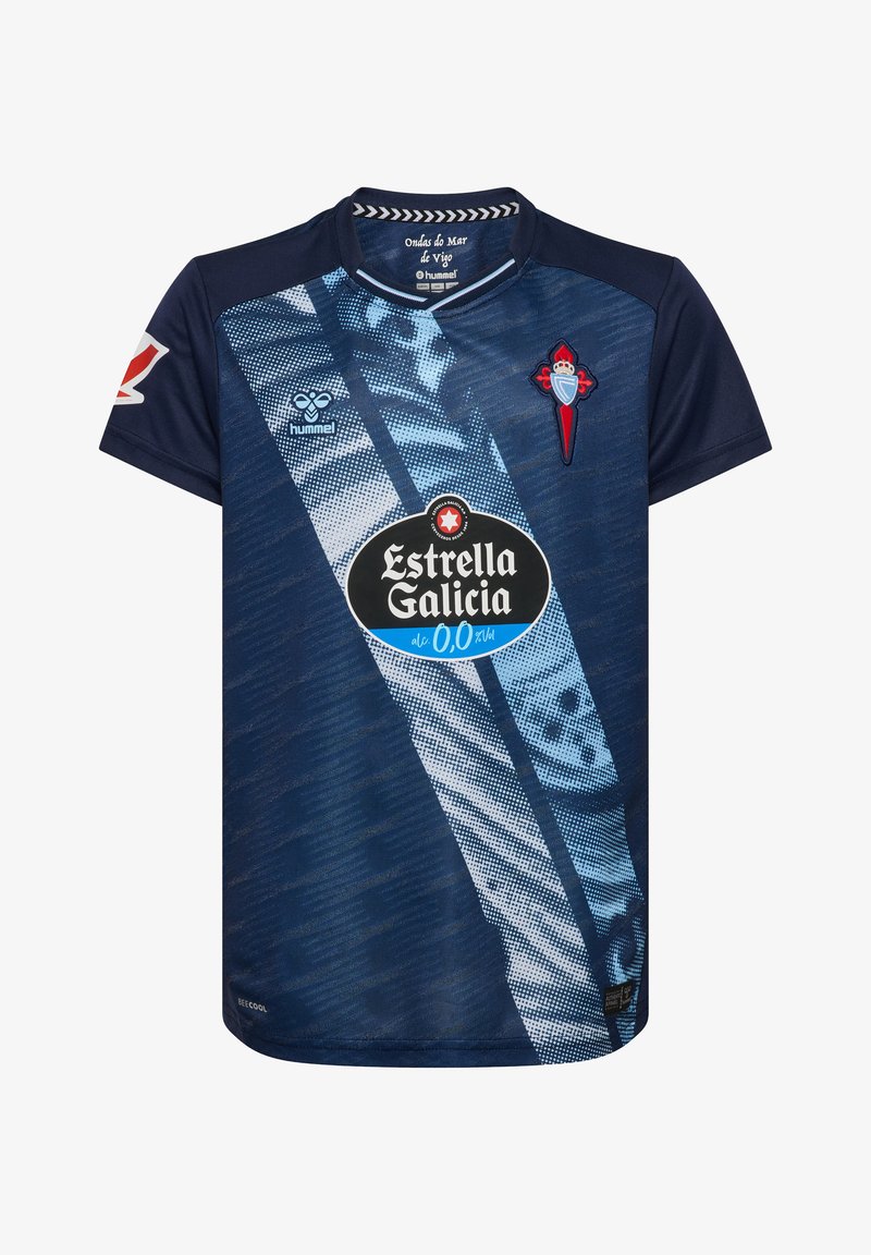 Camiseta de fútbol azul marino con un patrón de rayas en diagonal, logo de Estrella Galicia y escudo bordado en el pecho. Fabricada con tejido transpirable.