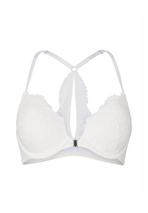 Reggiseno push-up in pizzo bianco con spalline a incrocio, dettaglio a occhiello e chiusura frontale con gancetto, offre un design decorativo e di supporto.