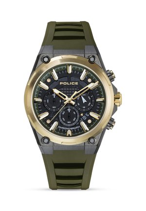 Reloj cronógrafo de pulsera con correa de silicona verde, esfera redonda negra y dorada, agujas luminosas y múltiples subesferas que muestran segundos y hora en formato de 24 horas.