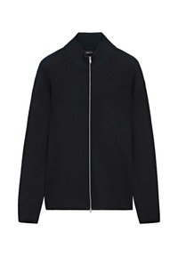 Maglione nero a coste con zip centrale, colletto alto e maniche lunghe, caratterizzato da una zip in argento visibile lungo il centro.