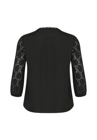 Black blouse featuring three-quarter lace sleeves and a smooth fabric body. The neckline has a delicate scalloped trim.