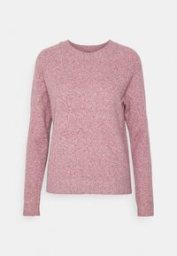 Hellrosa gestrickter Pullover mit langen Ärmeln und Rundhalsausschnitt. Der Stoff hat eine weiche Textur und ein dezentes meliertes Muster.