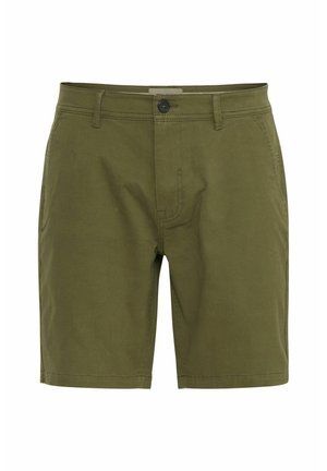 Olivgröna shorts i bomull med knappstängning, bältesöglor och en ren design utan synliga mönster eller dekorationer.