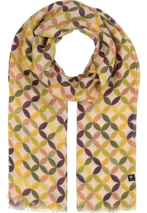 Sciarpa multicolore con un motivo geometrico di cerchi sovrapposti in diverse tonalità di verde, viola, arancione e giallo, con bordi frangiati.