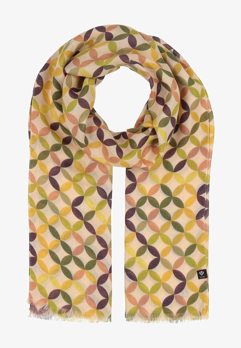 Foulard multicolore présentant un motif géométrique de cercles superposés dans des teintes de vert, violet, orange et jaune, avec des bords frangés.