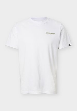 Hvid kortærmet T-shirt med rund hals og lille olivengrønt "berghaus"-logo på øverste venstre bryst samt et sort ikonmærke på venstre ærme.