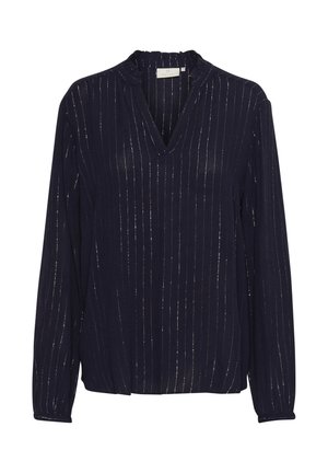 Navy bluza z pionowymi metalicznymi paskami, długimi rękawami i dekoltem w kształcie litery V. Posiada falbaniasty dekolt oraz lekki, teksturowany materiał.