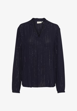 Blouse bleu marine avec des rayures métalliques verticales, à manches longues et en col en V. Présente un col froncé et un tissu léger et texturé.