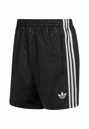 Black athletic shorts with elastic waistband, side zipper pocket, embossed comic-style patterns, three white vertical stripes, and Adidas logo.