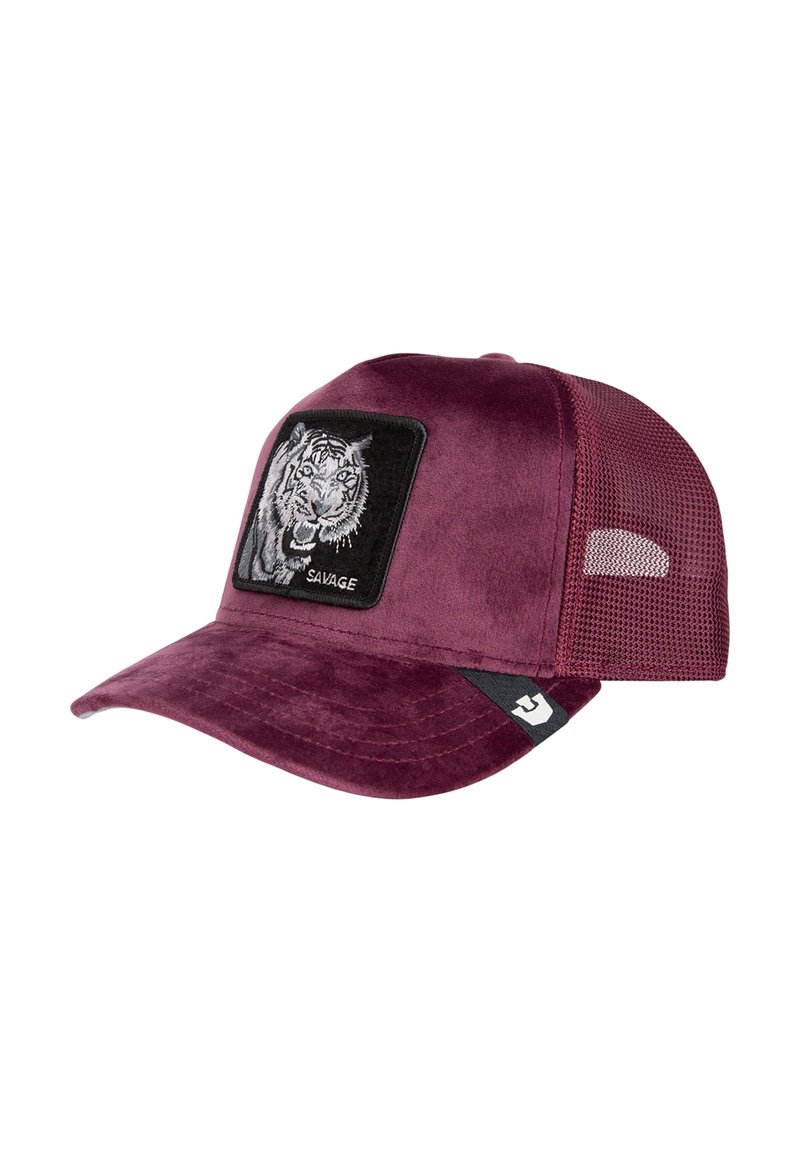 Dunkelrotes Cap mit Samtfinish, versehen mit einem Tiger-Patch auf schwarzem Hintergrund. Netz-Seitenteile und ein gebogtes Visier sorgen für bessere Belüftung.