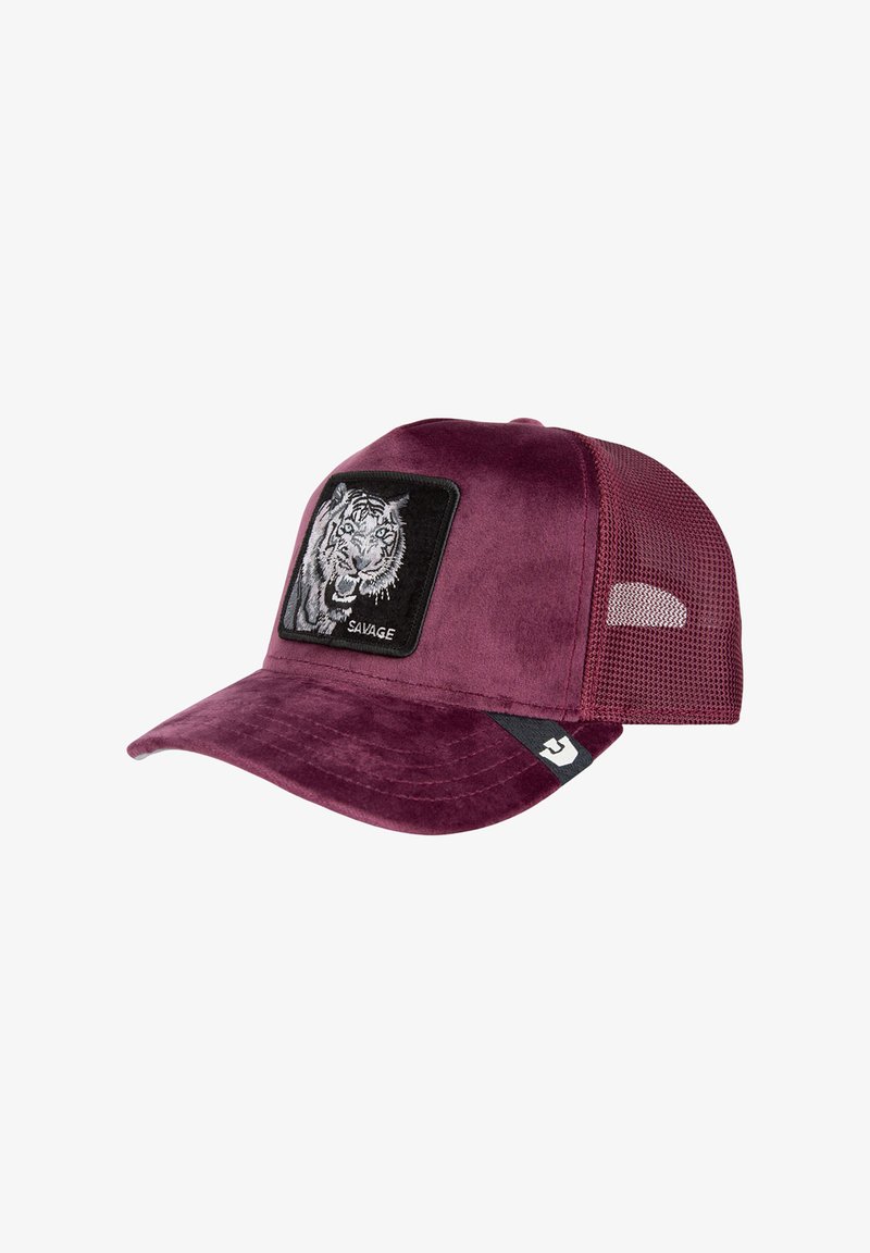 Dunkelrotes Cap mit Samtfinish, versehen mit einem Tiger-Patch auf schwarzem Hintergrund. Netz-Seitenteile und ein gebogtes Visier sorgen für bessere Belüftung.