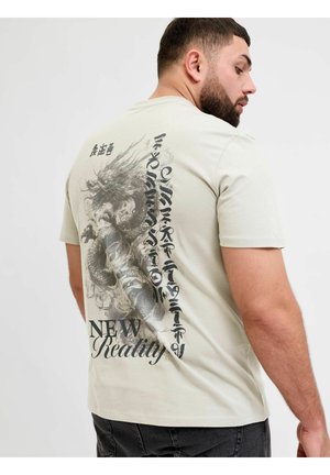 Mann med skjegg som har på seg en lysebeige T-skjorte med detaljert dragegrafikk og vertikal japansk-inspirert tekst med "NEW Reality" på ryggen.