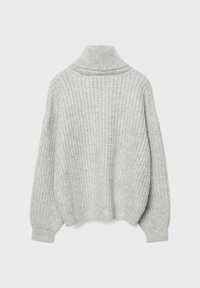 Pull à col roulé en maille épaisse gris clair avec manches longues et poignets côtelés, vu de dos sur un fond uni.