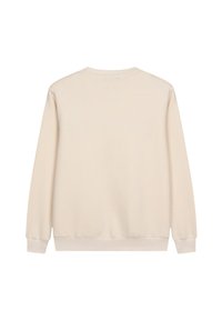 Sudadera color beige claro con mangas largas, escote redondo y puños acanalados. Fabricada con un tejido suave de textura lisa y sin patrones ni logotipos visibles.