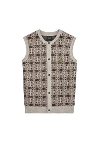 Gilet senza maniche in beige e marrone. Presenta un disegno a motivi con dettagli testurizzati. Chiusura frontale con bottoni e piccolo logo.