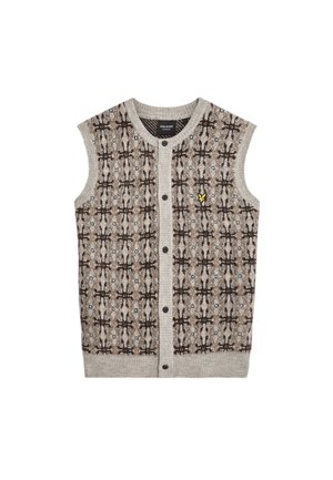 Gilet en tricot sans manches dans des tons beige et marron. Présente un design à motifs avec des accents texturés. Fermeture à boutons à l'avant et petit logo.