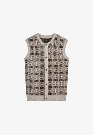 Mouwloze gebreide vest in beige en bruin. Kenmerkt zich door een patroonontwerp met textuuraccenten. Voor sluiting met knopen en een klein logo-detail.