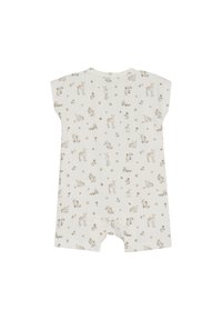 Kortärmad jumpsuit i grädde med bruna djur- och blommönster. Har tryckknappar och ett mjukt, andningsbart tyg.