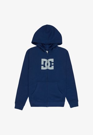 Marineblauer Kapuzenpullover mit Reißverschluss, Fronttaschen und einem hellgrauen DC-Logo in der Mitte der Brust.