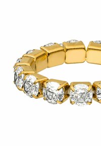 Vergulde armband met ronde, heldere kristallen, gezet in vierkante, gouden metalen schakels met een gladde afwerking en een gepolijste uitstraling.